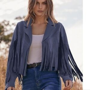 Premier Soft Leather Midnight Blue Fringe Jacket Sz L  JUST GORGEOUS!